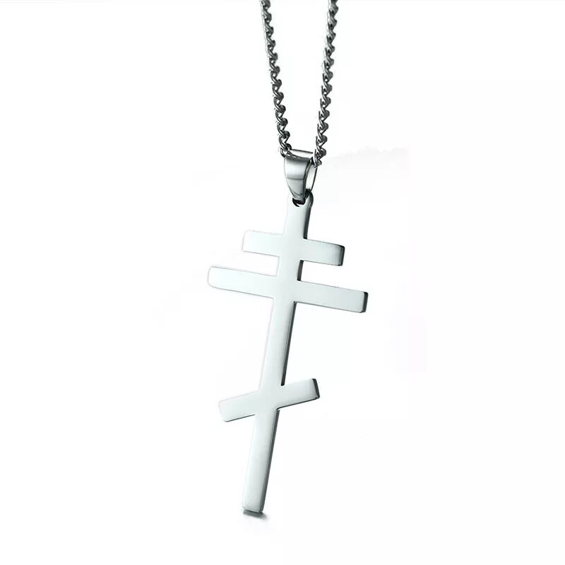 Silver Cross Necklace Eastern Orthodox Stainless Steel Pendant Men Russian Greek
