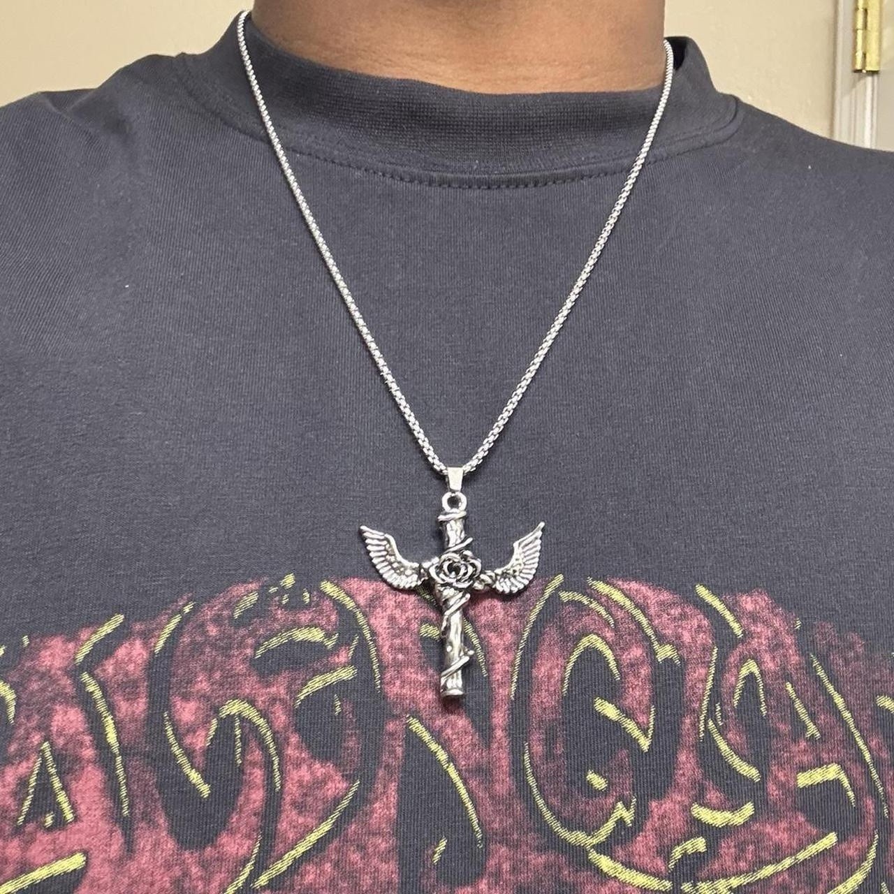 60 Cm Plated Silver Alloy Rose Wing Cross Pendant Necklace Gothic Streetwear Fit