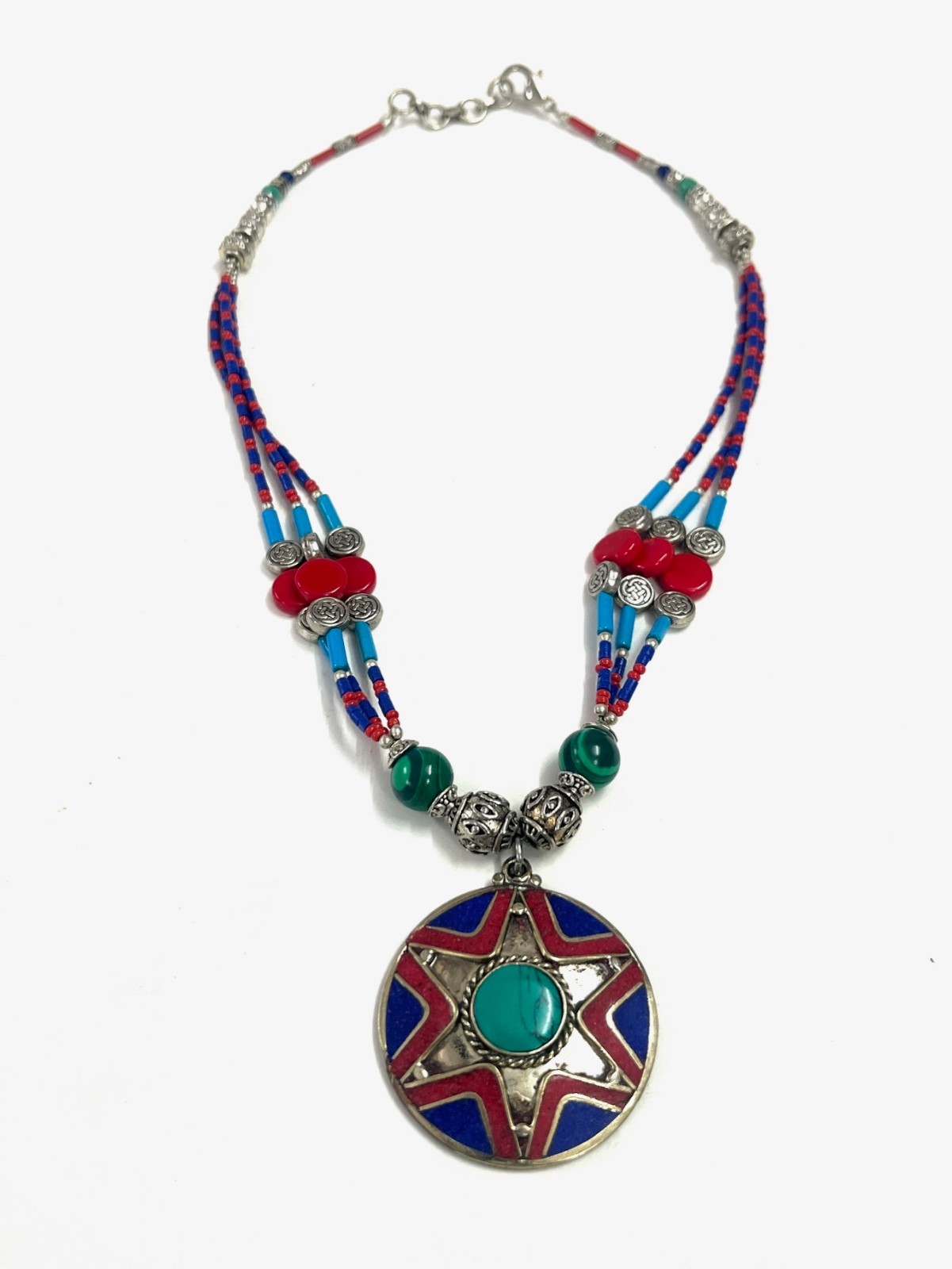 Handcrafted Lapis Coral Gemstone Tibetan Boho Necklace Jewelry, 16 Inch Adjs