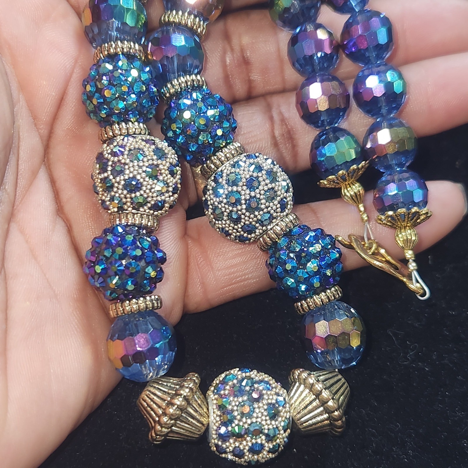 Blue Aurora Borealis Crystal Bead Necklace Gold Tone Pave Disco Ball 16 Inch