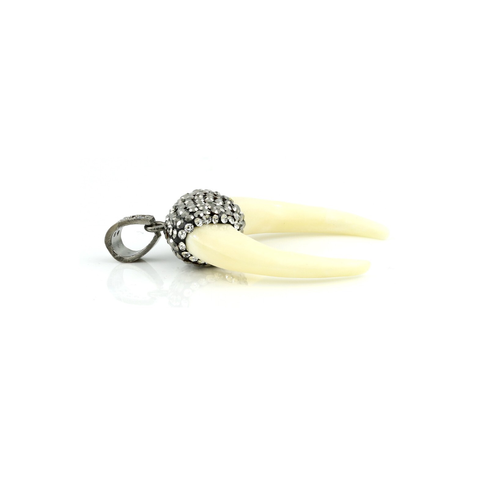 925 Silver Bail Double Horn Pendant, Crescent Horn OX Bone with Hematite & CZ