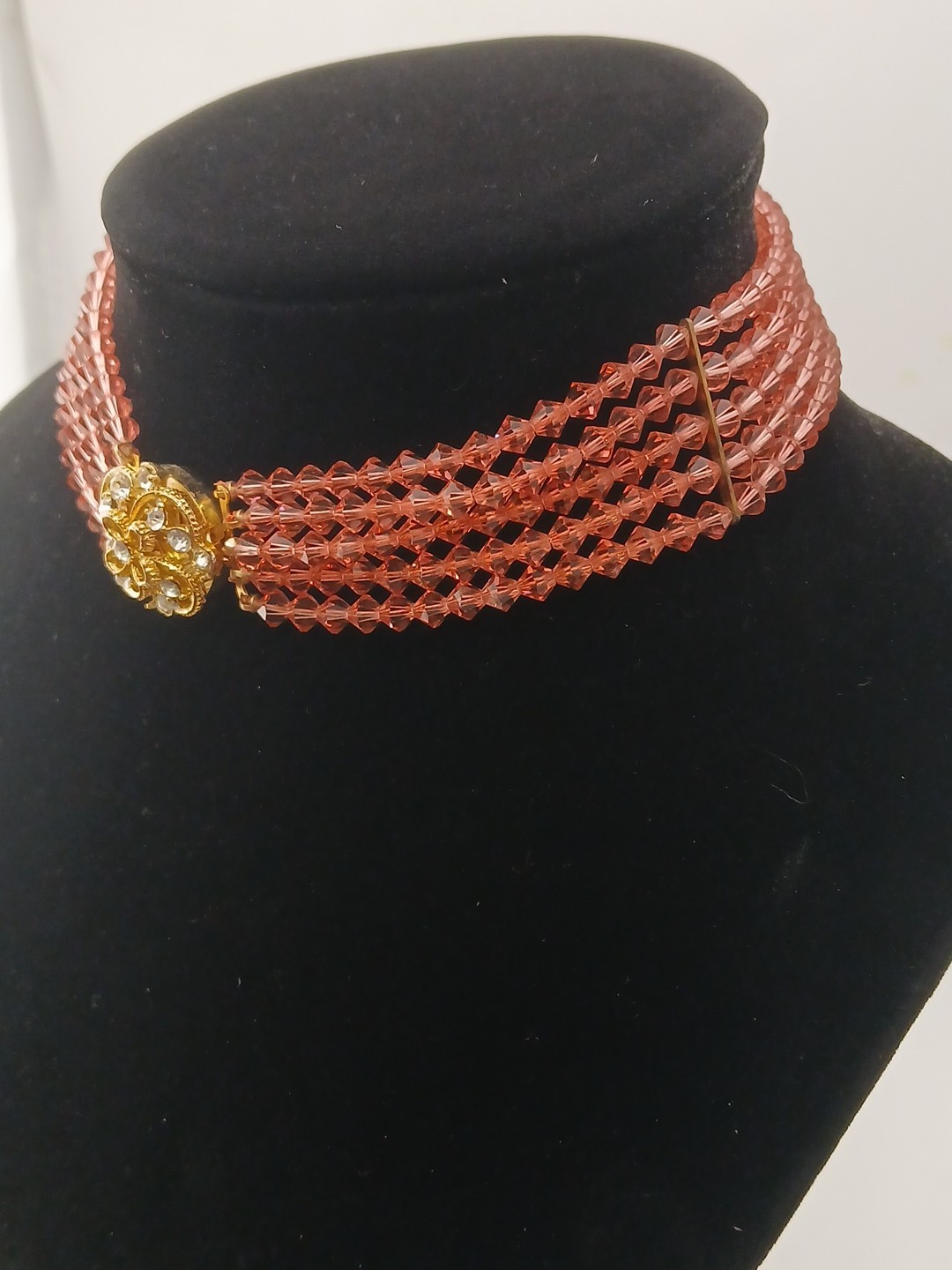 ROYAL ELEGANCE gold tone clear stones 5 strand peachy pink bicone beads chocker