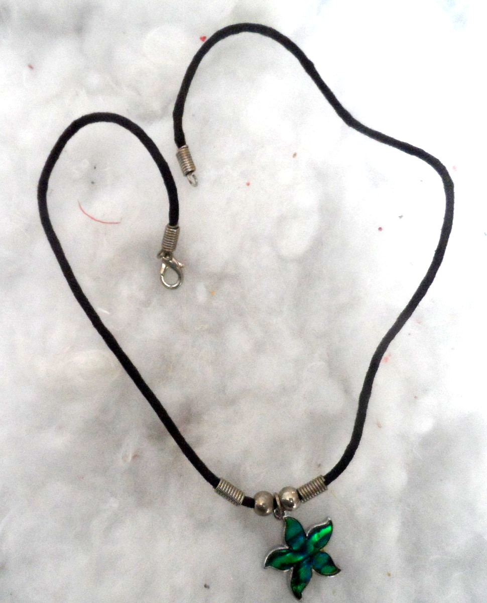 Vintage Necklace – SILVER TONE METAL ENAMEL STAR FISH CHARM ON BLACK CORD – 16″