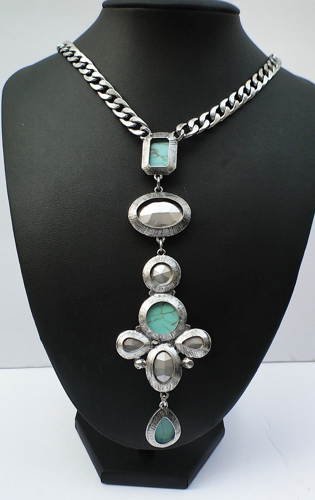 Western Statement Necklace Imitation Turquoise Pink Crystal Curb Chain Drop