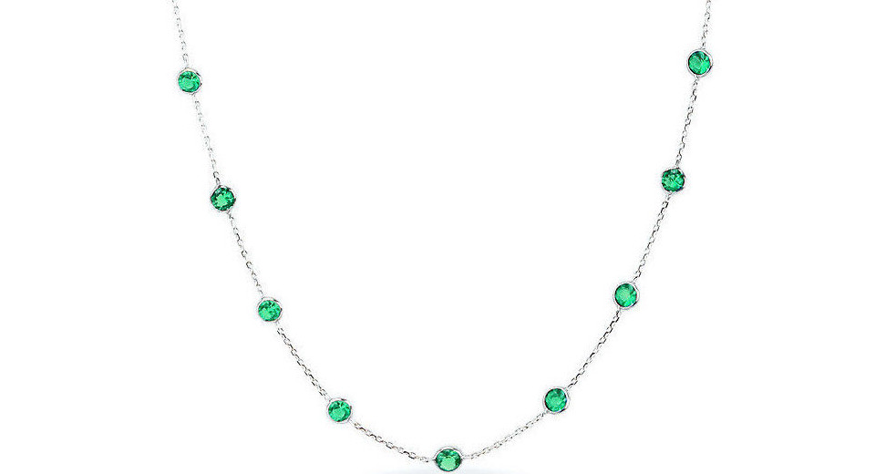 14K White Gold Necklace With Round Emerald Green Cubic Zirconia 24 Inches