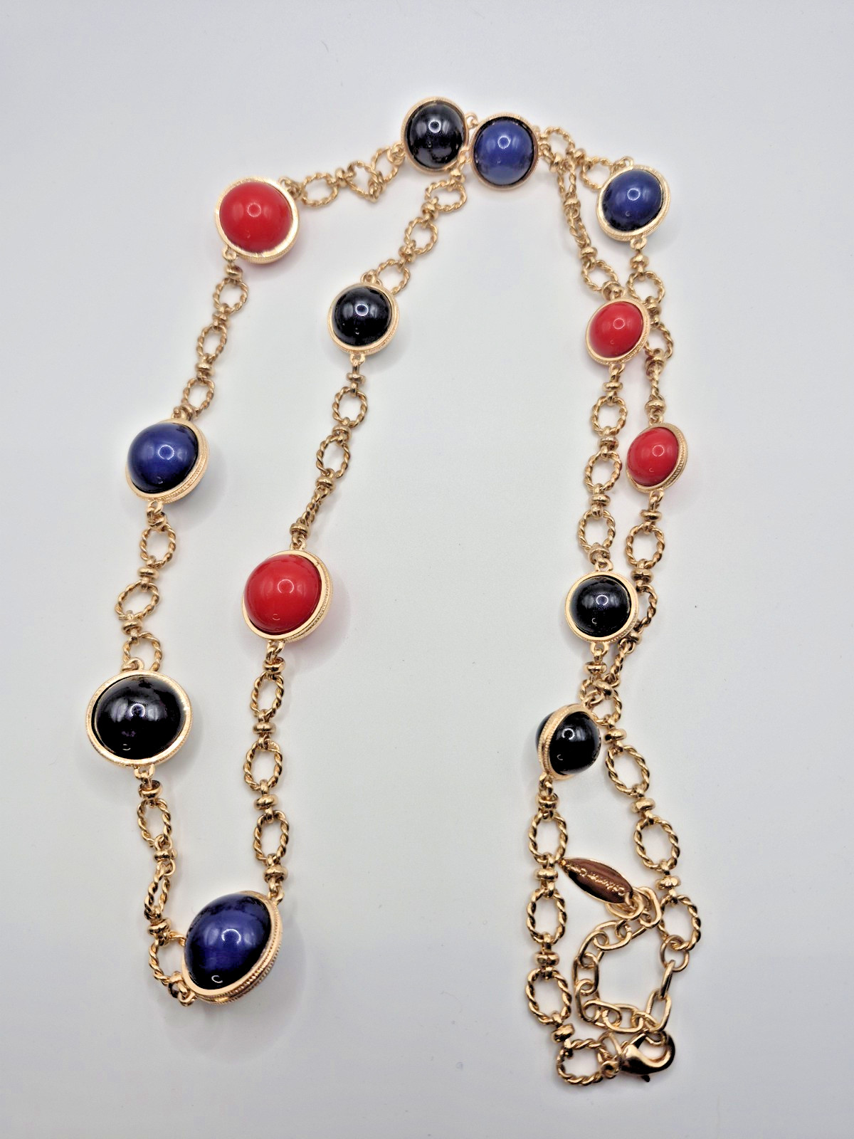 Long Necklace Goldtone Chain Red Blue Black Cabochons 42″to 45″ Coldwater Creek