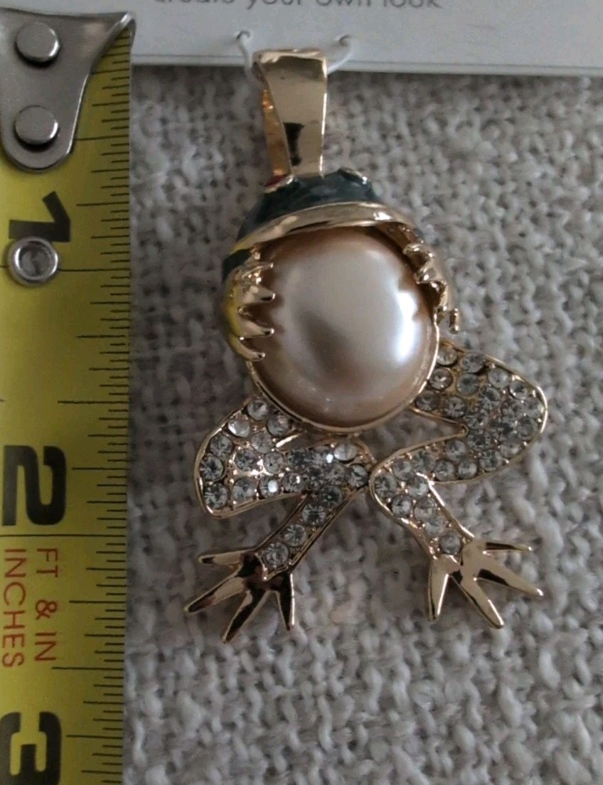 ROMAN WEARABLE ART FIGURAL FROG PENDANT FAUX PEARL BELLY RHINESTONES ENAMEL