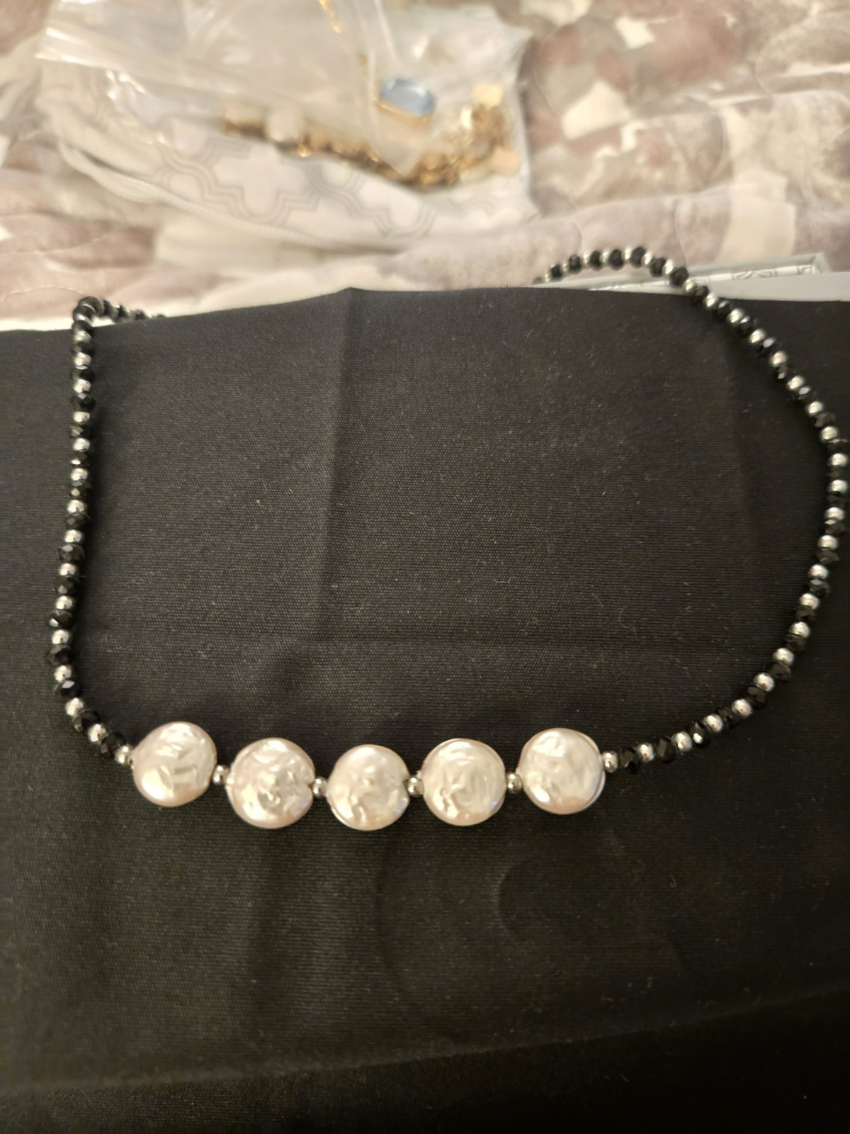 Black Hematite Beaded Necklace with Round White Pearl Beads, Ball/Bead Chain