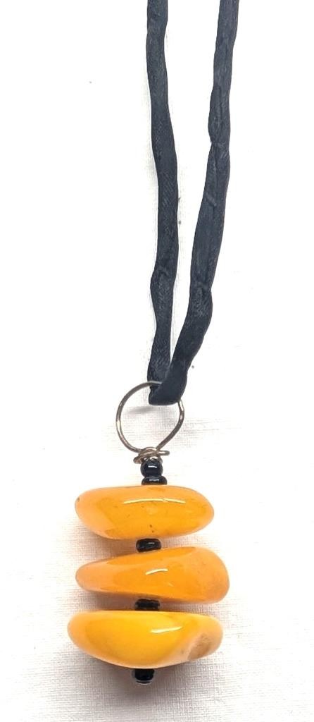 Vintage Butterscotch Yellow Glass Nugget Pendant Necklace Black Satin Silk Cord