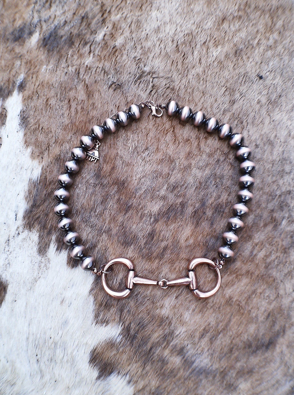 Snaffle Bit Pendant Necklace | Navajo-Style Pearl Beads | Bronze Rodeo Jewelry