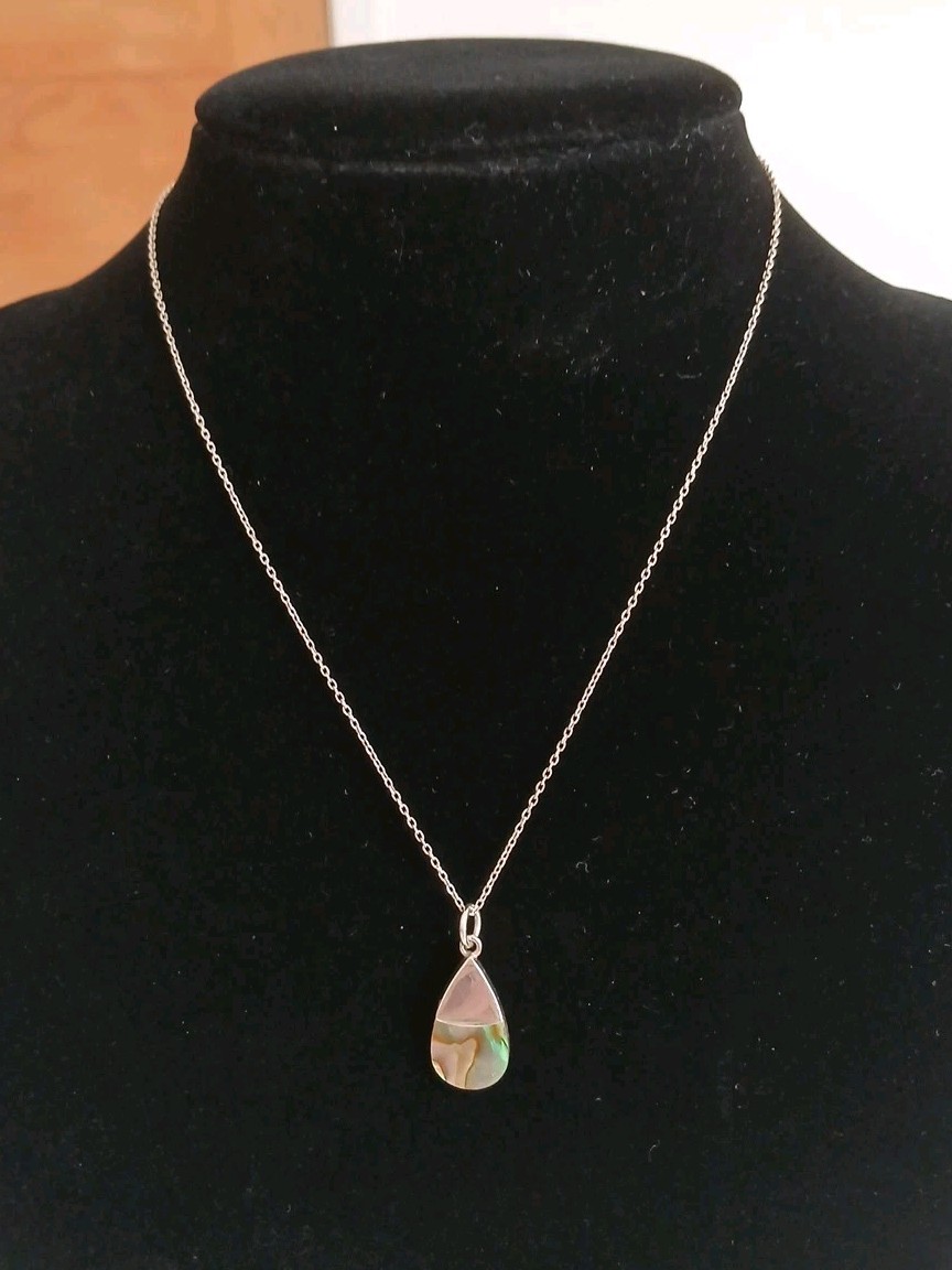 STERLING SILVER & ABALONE SHELL TEARDROP PENDANT & NECKLACE HALLMARKED – 18 INCH