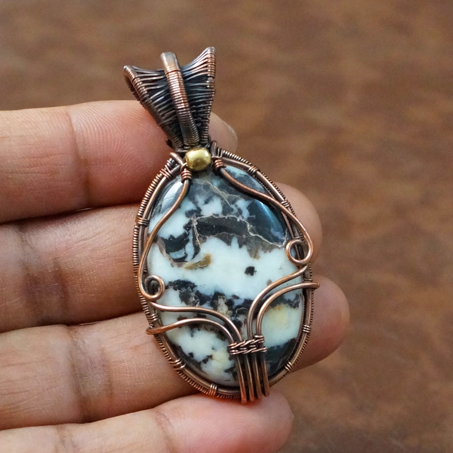 Buffalo Jasper Gems Copper Wire Wrapped Pendant Birthday Gift Jewelry (PD-80