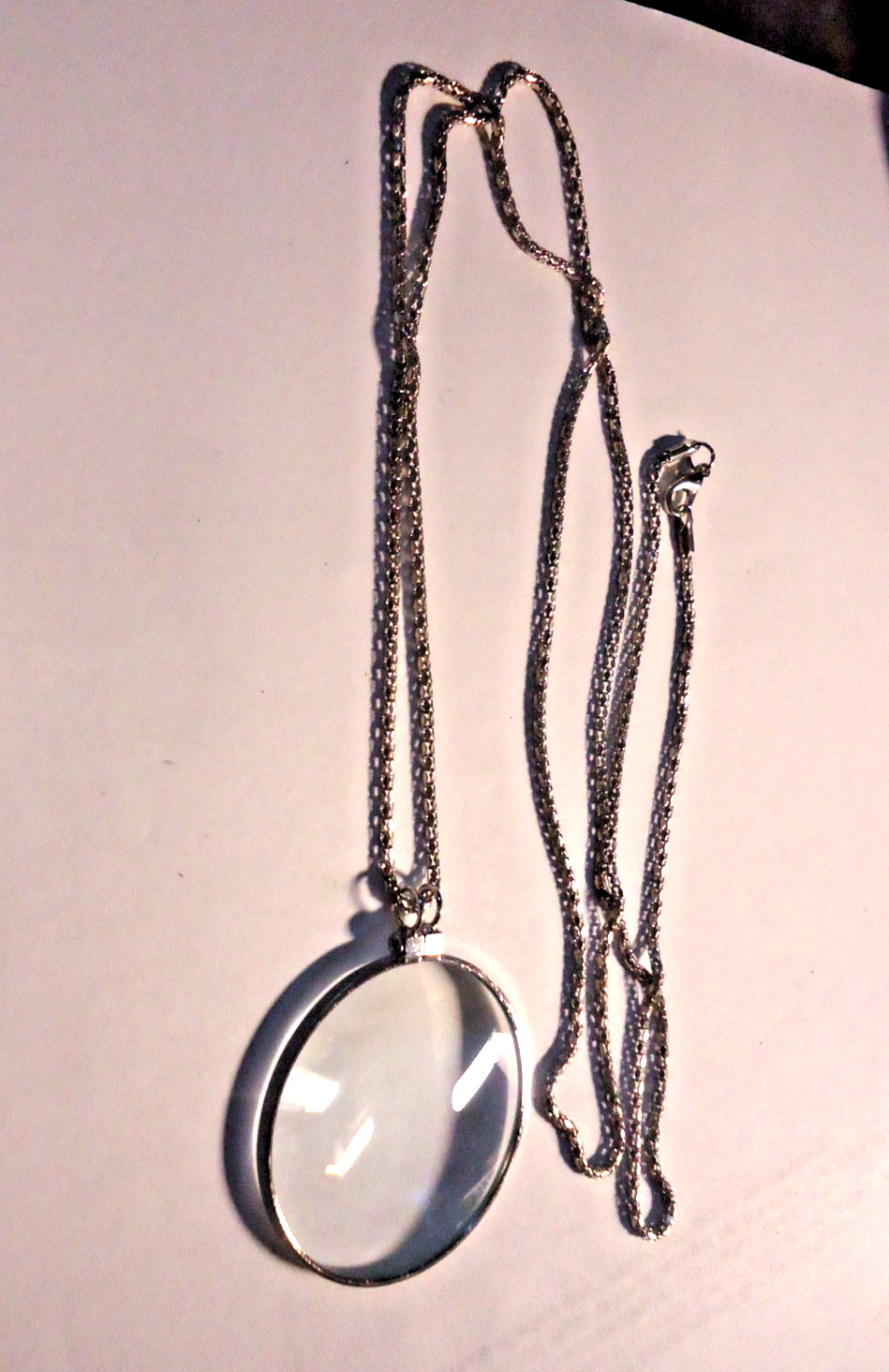 5X Magnifier Reading Magnifying Glass Lens Pendant Necklace 36” silver plated#8
