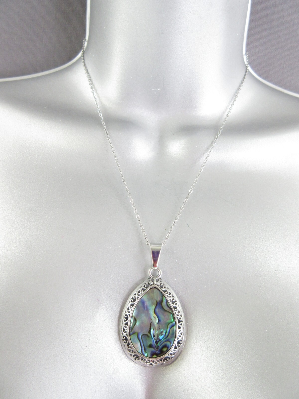 Abalone Shell Pendant Necklace Teardrop Silver Filigree Colorful Blue EXQUISITE