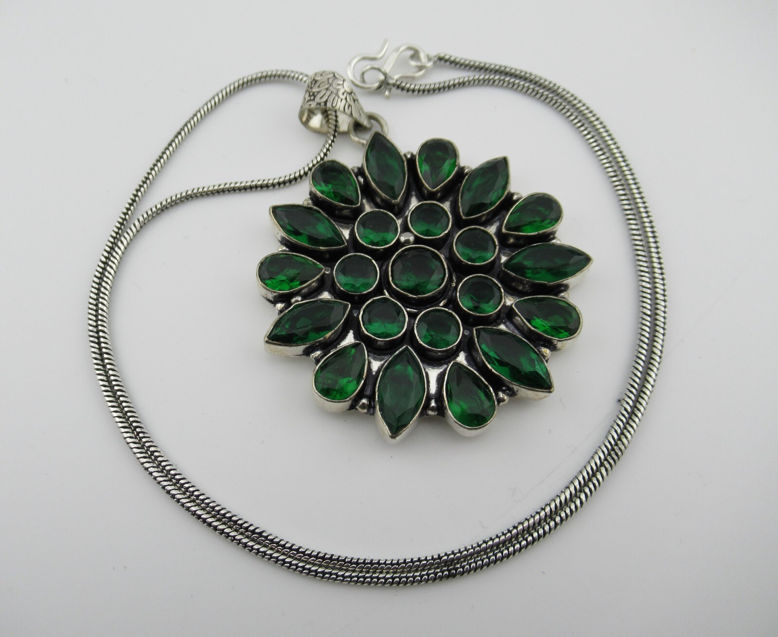 Necklace Pendant Flower Green Cluster Bezel Set Glass Cabs Bold Large Silver