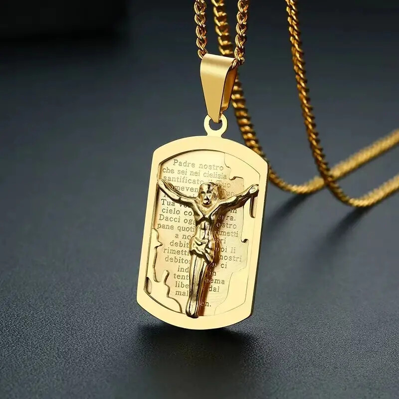 HIP HOP STAINLESS STEEL JESUS RELIGIUS DOG TAG PENDANT & CUBAN CHAIN NECKLACE