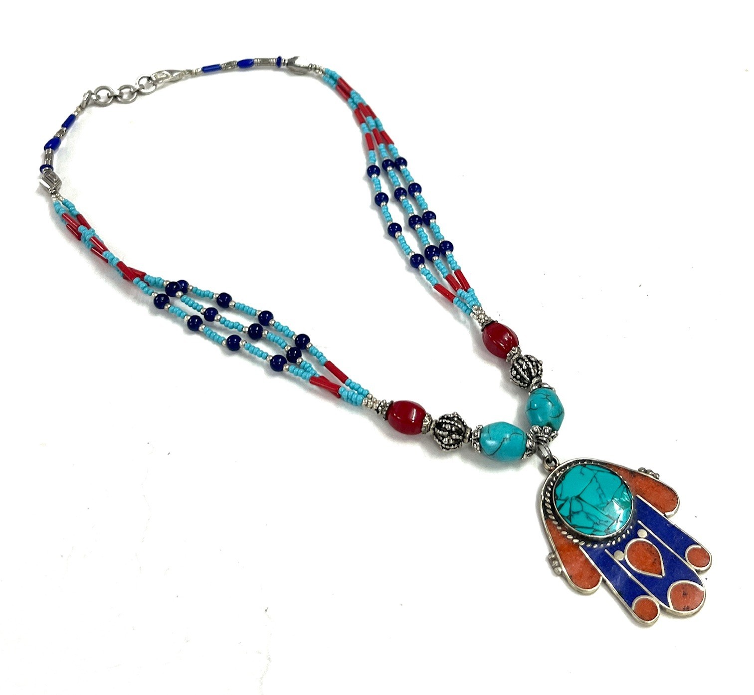 Turquoise Lapis Coral Gemstone Tibetan Pendant Necklace Jewelry, 18 Inc Adjs