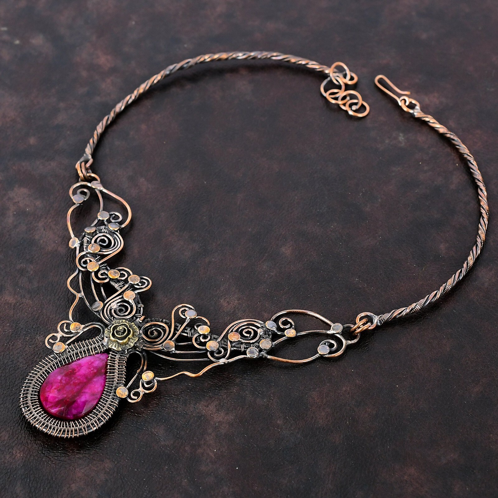 Kashmir Rubi Copper Gift For Her Wire Wrapped Flower Adjustable Necklace 18.0″