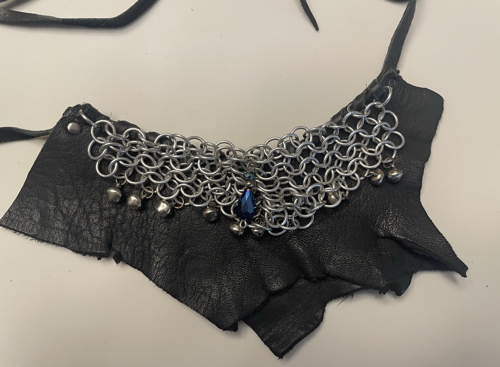 Handmade Leather Bib Style Necklace Tie Back Adjustable Length, Iridescence
