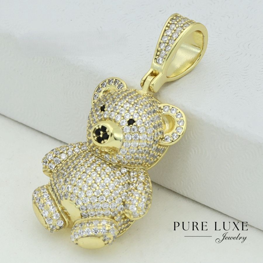 925 Sterling Silver,Teddy bear,CZ Iced 3D Small 38mm 18k Gold Plated,Pendant.Box
