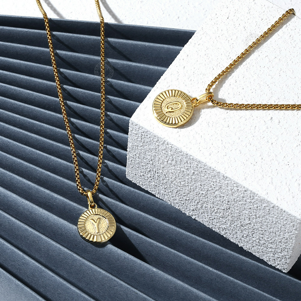 Round Gold Plated Initial Letter Necklace Pendant Stainless Steel 18/20/22″ Link
