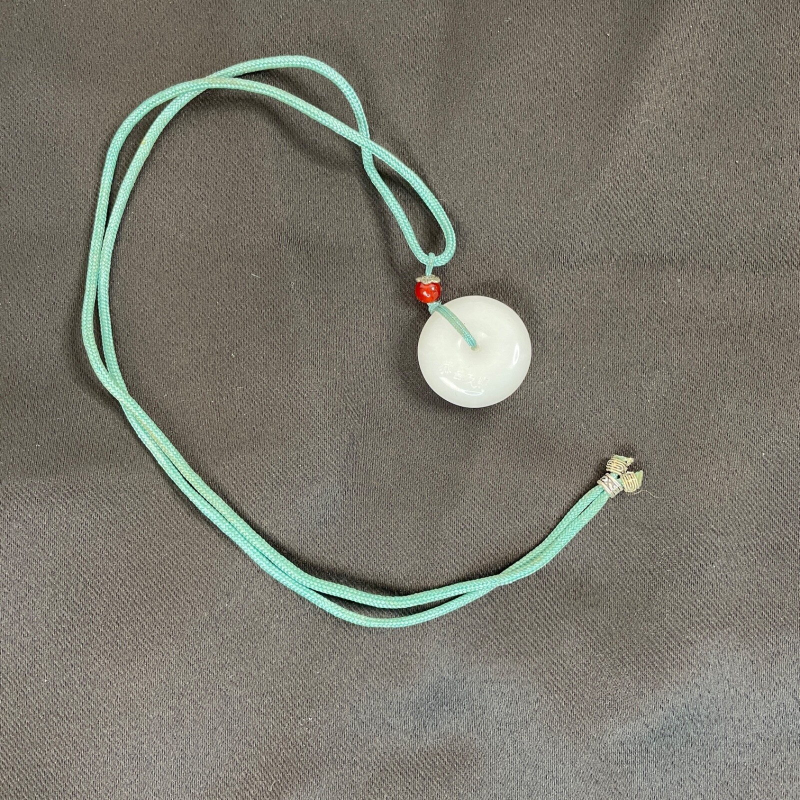 White Jade Quartz Donut Necklace Etched Chinese Happy & Prosperous Ships from US