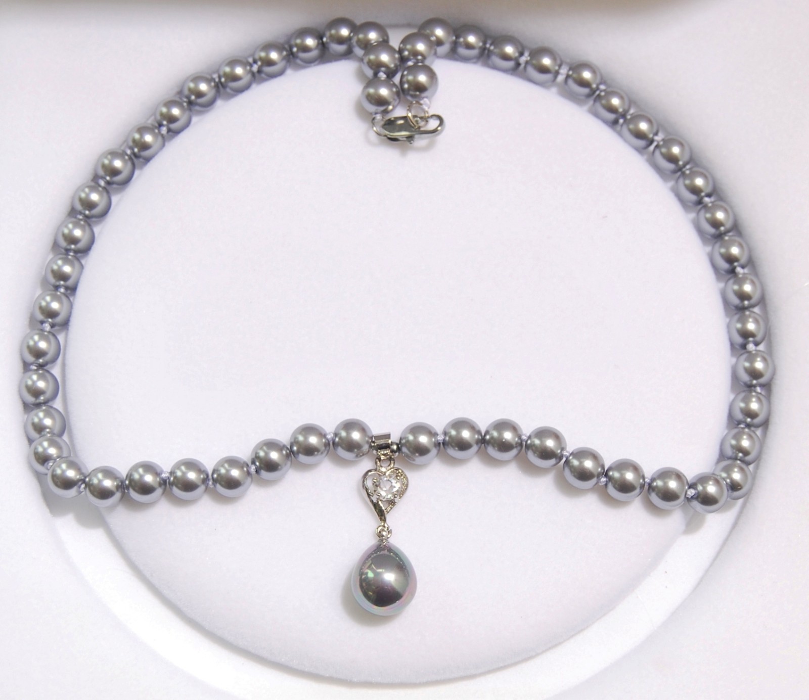 Long 16″-24″ 8mm Gray Shell Pearl Round Beads Drop Pendant(12x16MM) Necklace AAA
