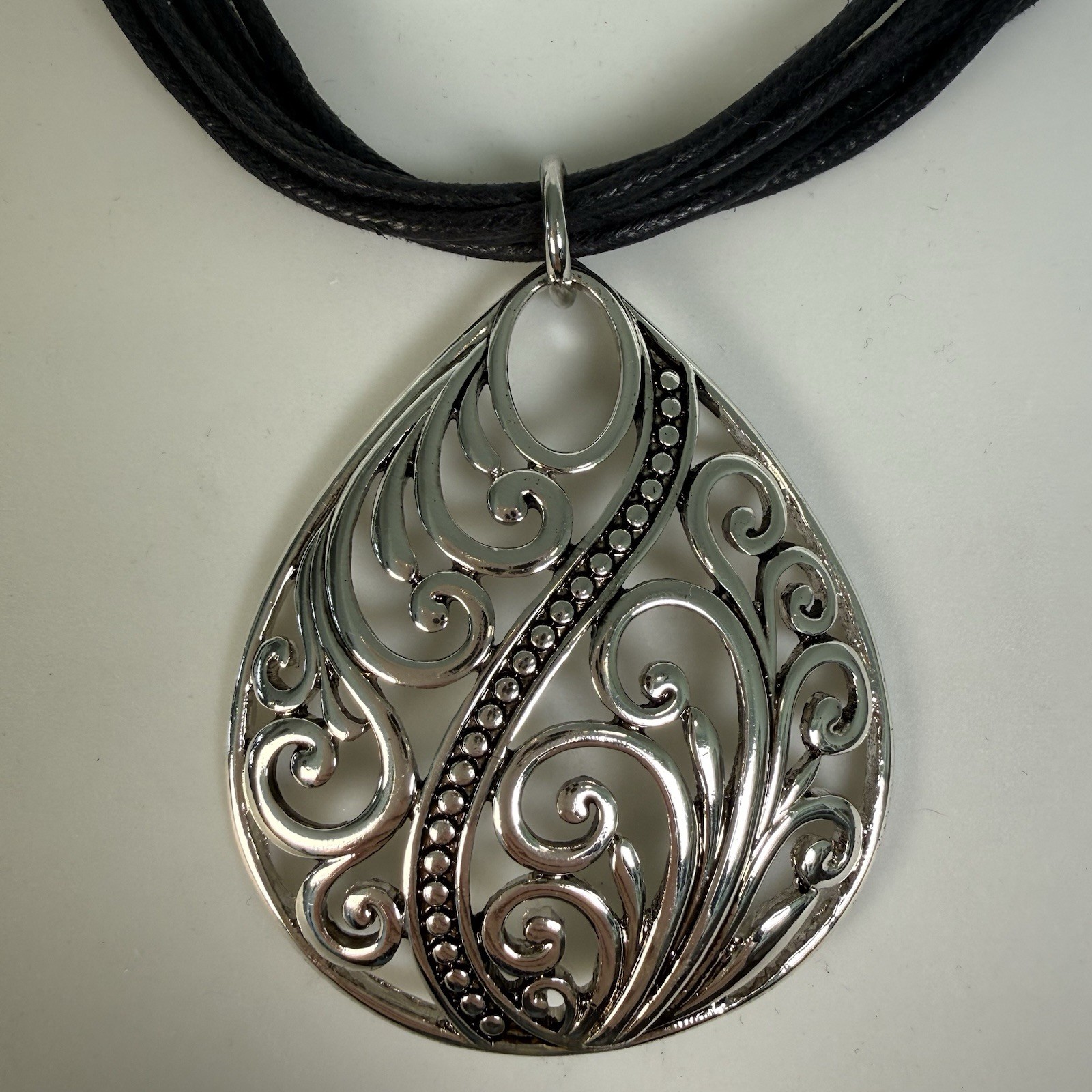 Scroll By Dillards Silver Tone Pendant Necklace Multi Strand Faux Leather NWT