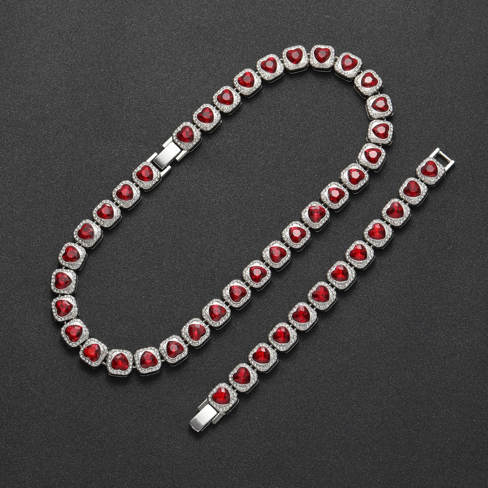 Red Heart Halo Tennis Chain Stainless Steel zirconia stone unisex Love Necklace