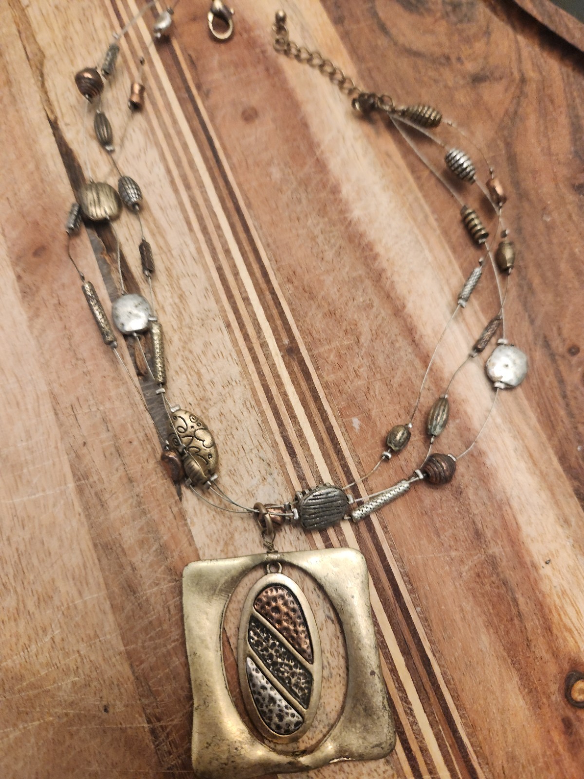 Mixed Metal Beaded Necklace Square Charm Pendant Ball/Bead Chain Lobster Clasp