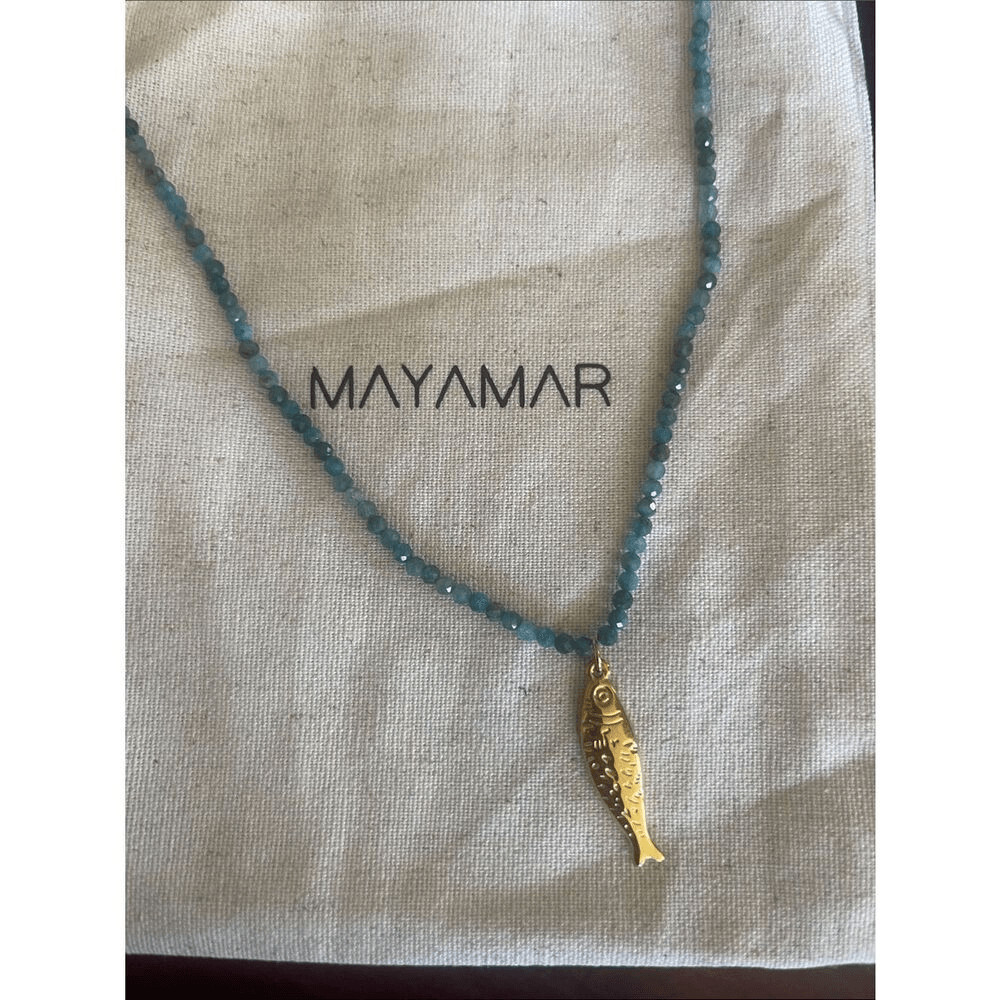 Gold Fish Pendant on genuine Blue Agate Beaded Necklace – 24k gold plated