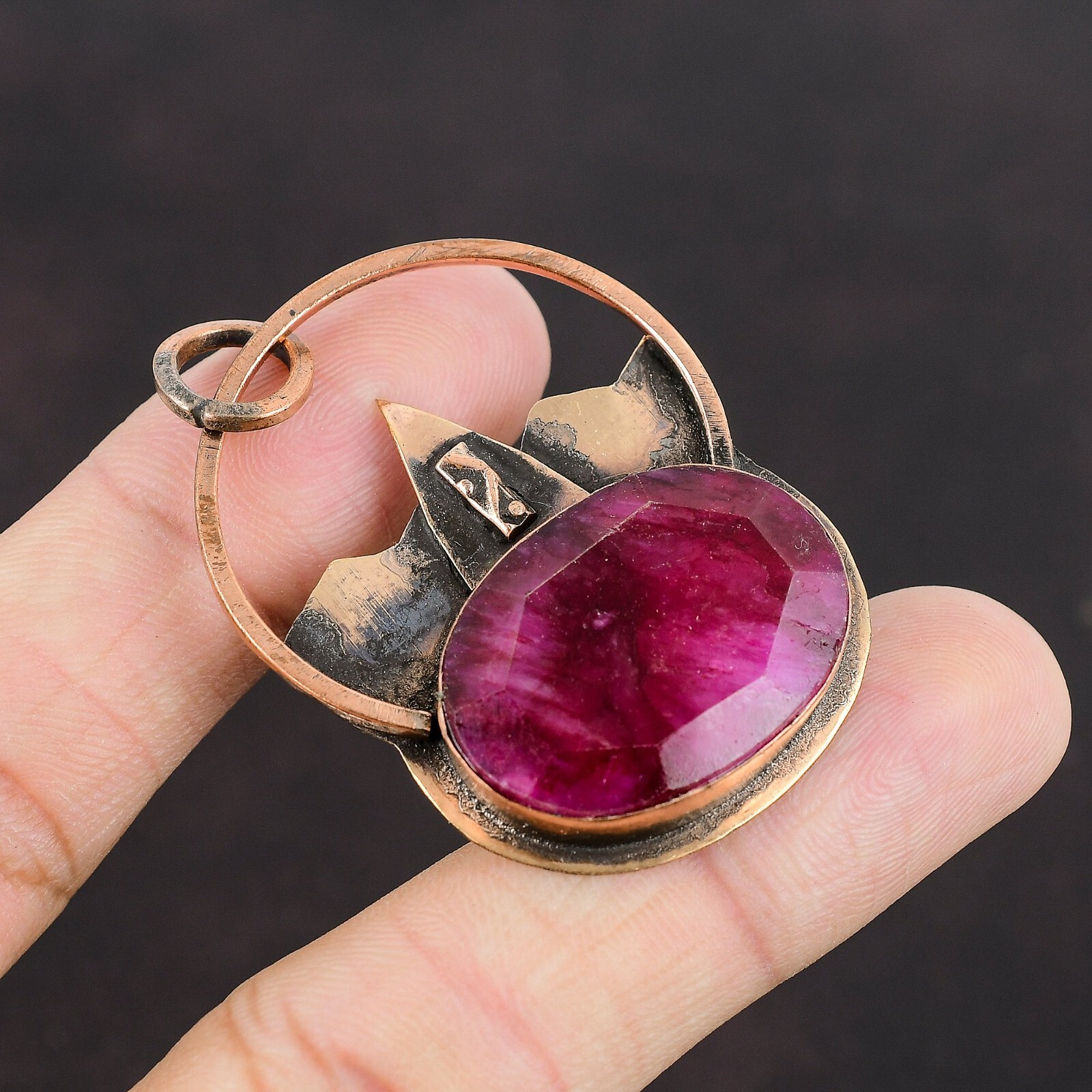 Valentines Deal Oval Kashmir Rubi Stone Copper Bezel Handcrafted Unique Pendant