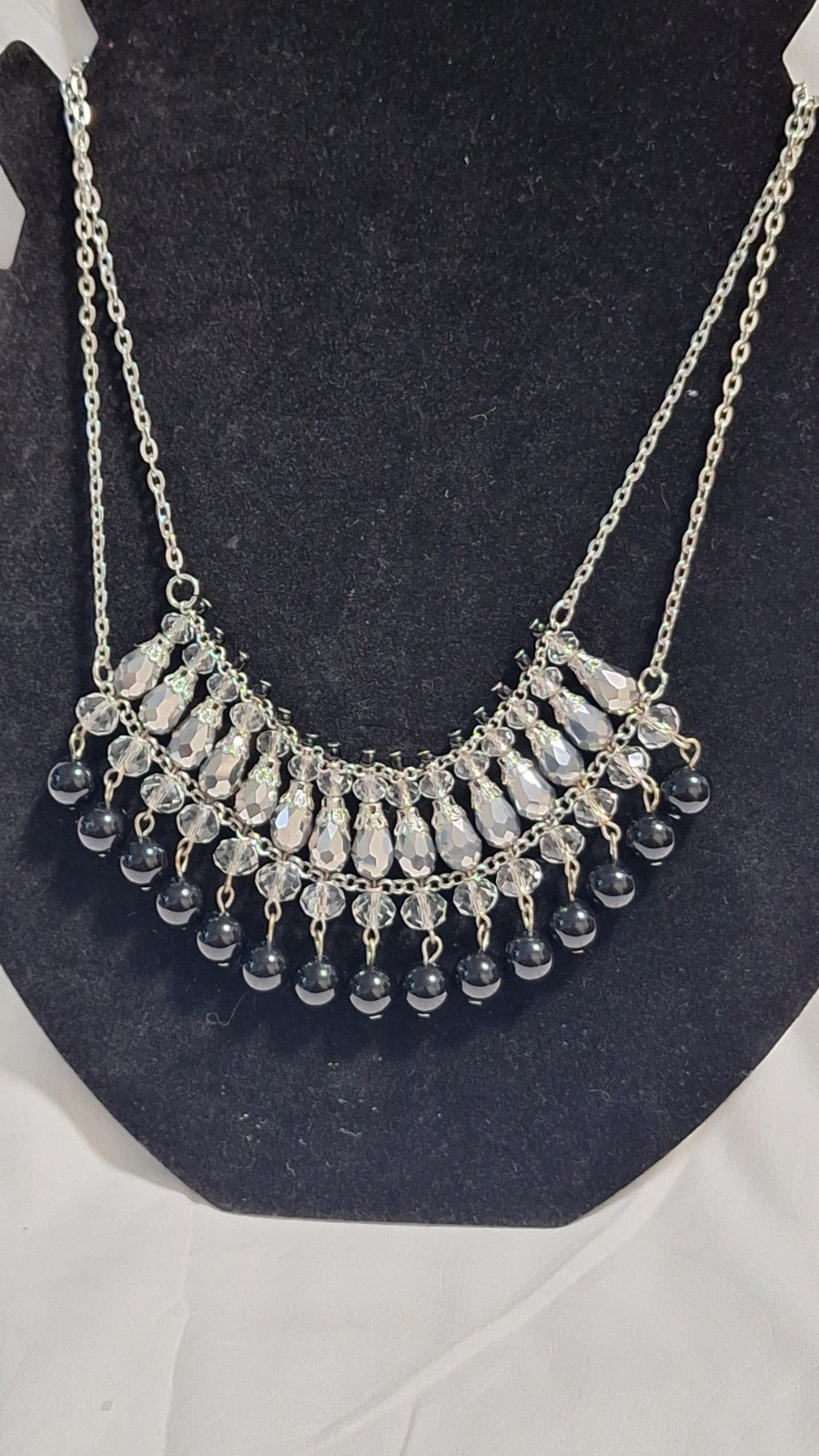 Silver Tone Bib Statement Necklace Clear Rhinestone Crystal & Black Bead Fringe