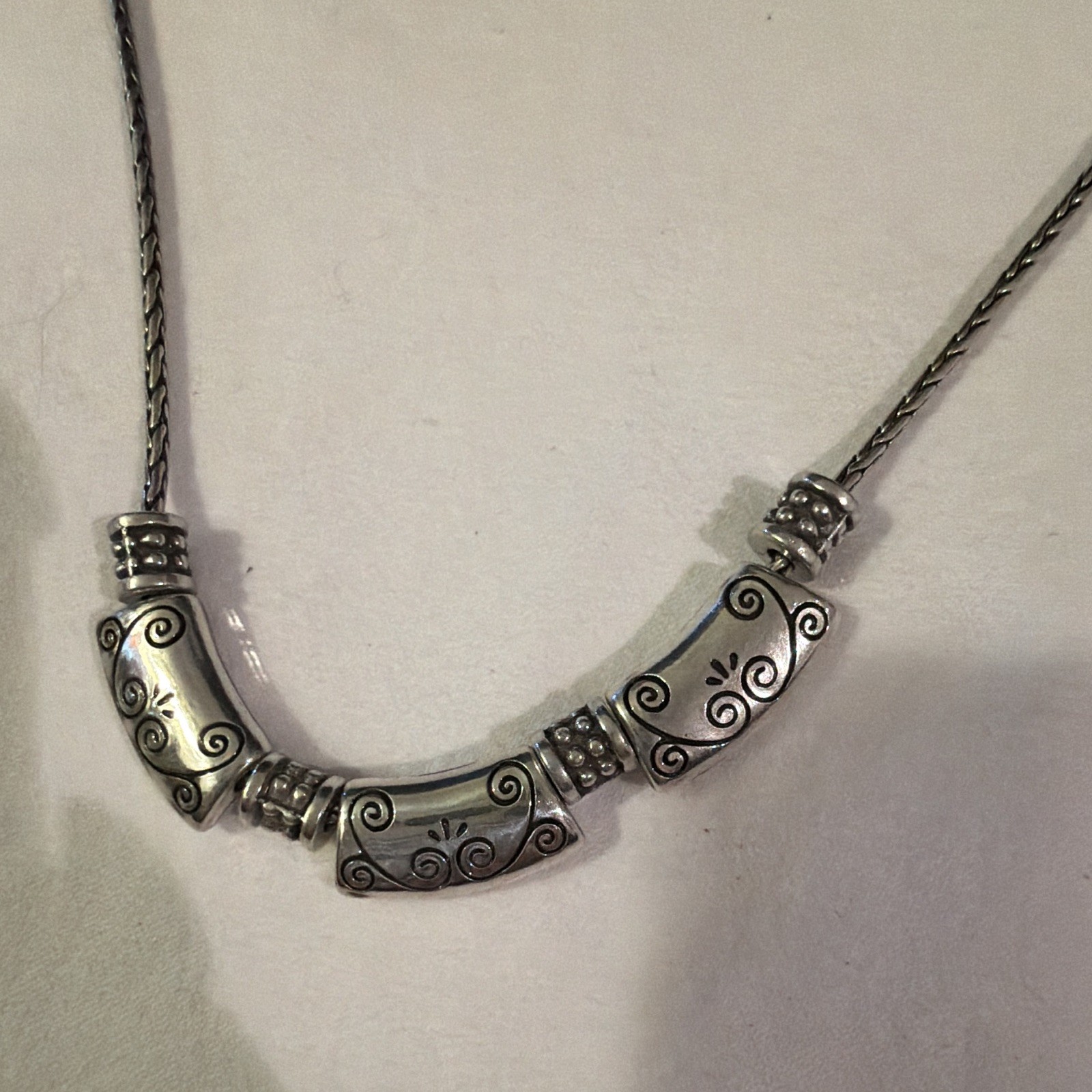 Silver Tone Braided Chain Necklace Curved Engraved Bar, Lobster Clasp Adjustable