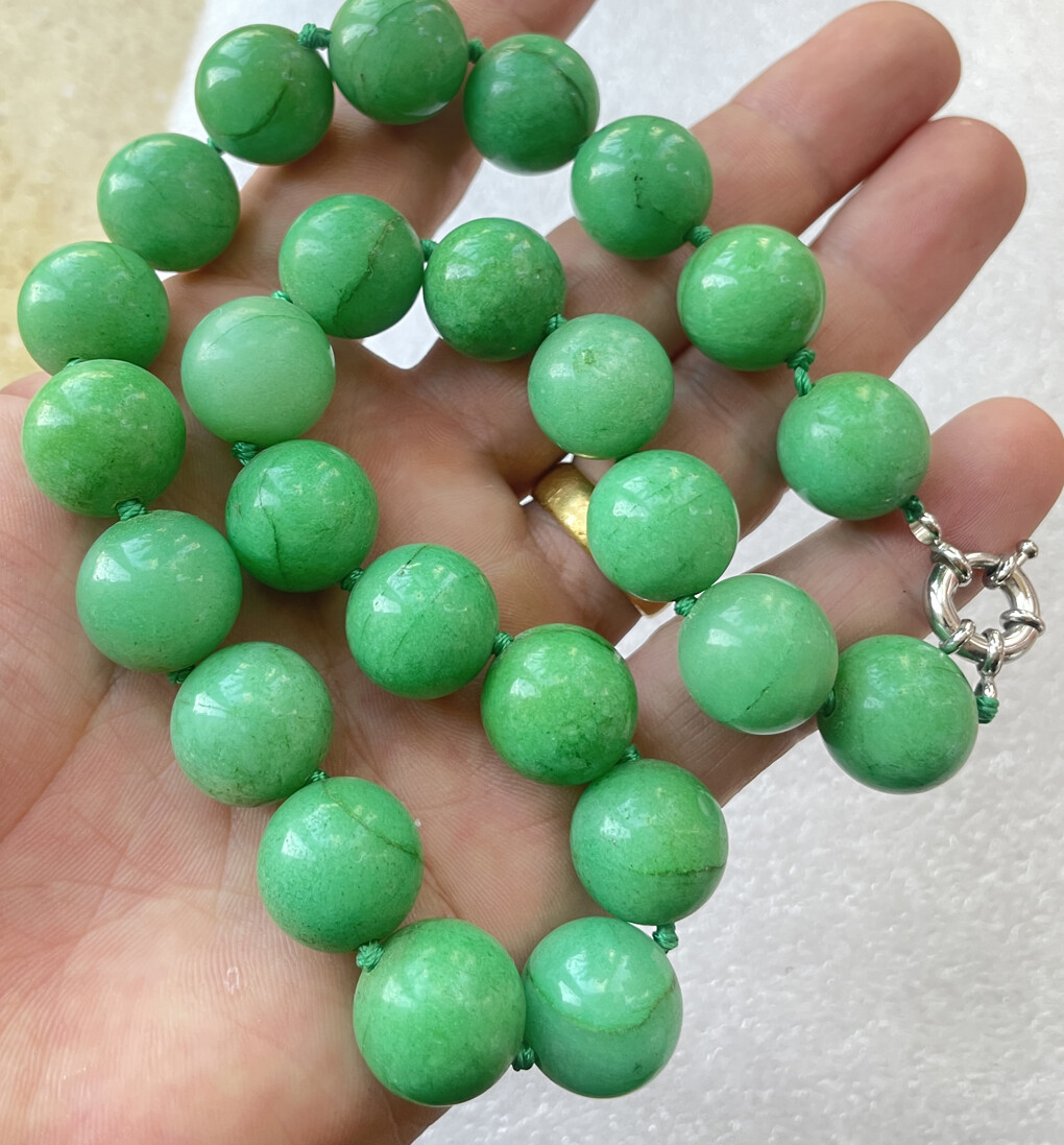 Long 16″ 18″ 25″ 36″ Big 16mm Real Green Jade Gemstone Round Beads Knot Necklace