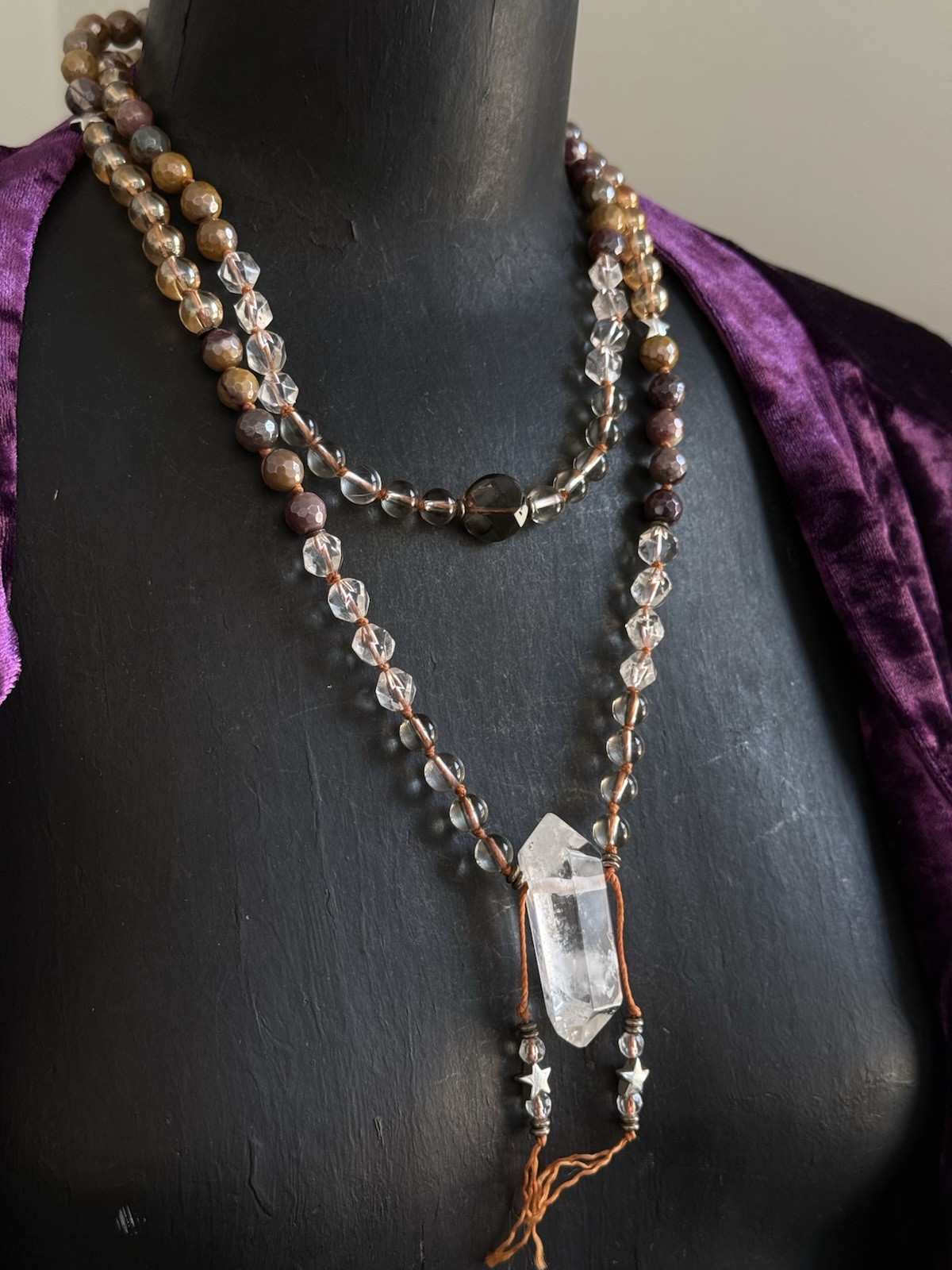 Clear quartz mookaite Jasper citrine Smokey quartz beaded mala necklace pendant
