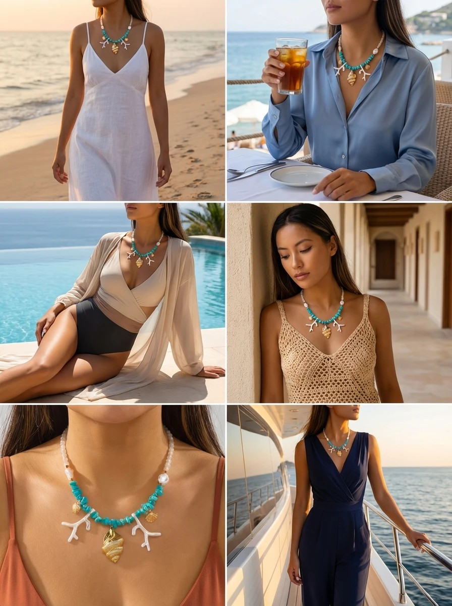 Bohemian Blue Irregular Stone Beaded Choker for Women Exaggerated Conch Coral Pe