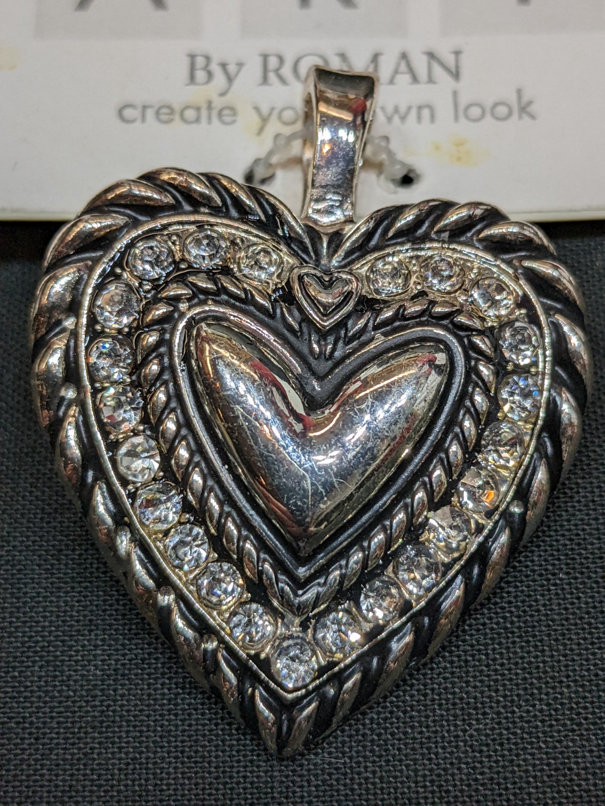Wearable Art By Roman Silver Tone Rhinestone Heart Pendant Enhancer Charm NWT