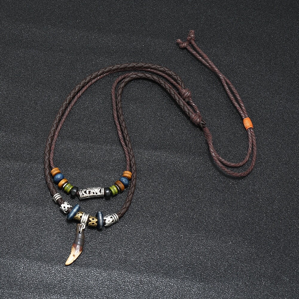 Men’s Fashion Jewelry Brown Leather Beaded Weave Rope Tooth Pendant Necklace 420