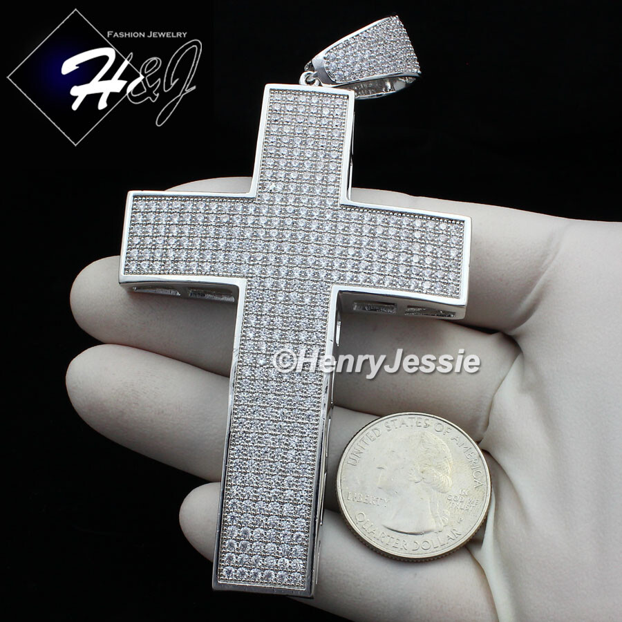 14K WHITE GOLD PLATED ICY BLING CZ HIP HOP OVERSIZE 3D CROSS CHARM PENDANT*BP1