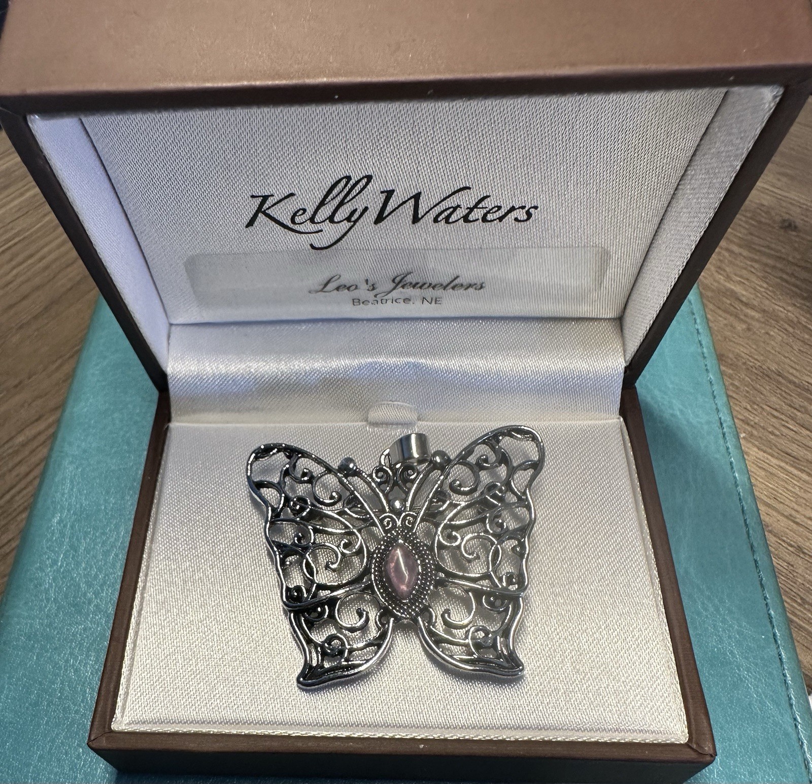 Kelly Waters Rhodium Finish Butterfly Charm Pendant Pink Marquise Stone Bezel