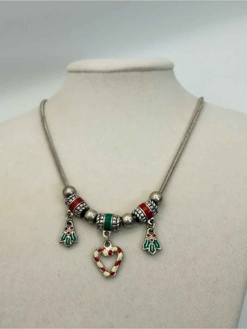 Cookie Lee Holiday Charm Necklace Red Green Silver-Tone Candy Cane Heart 18″ VTG