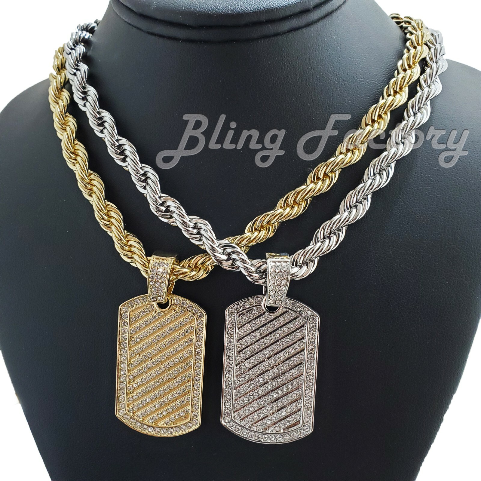 Hip Hop Iced Gold Silver Dog Tag pendant 8mm 24″ Thick Rope Chain Bling Necklace