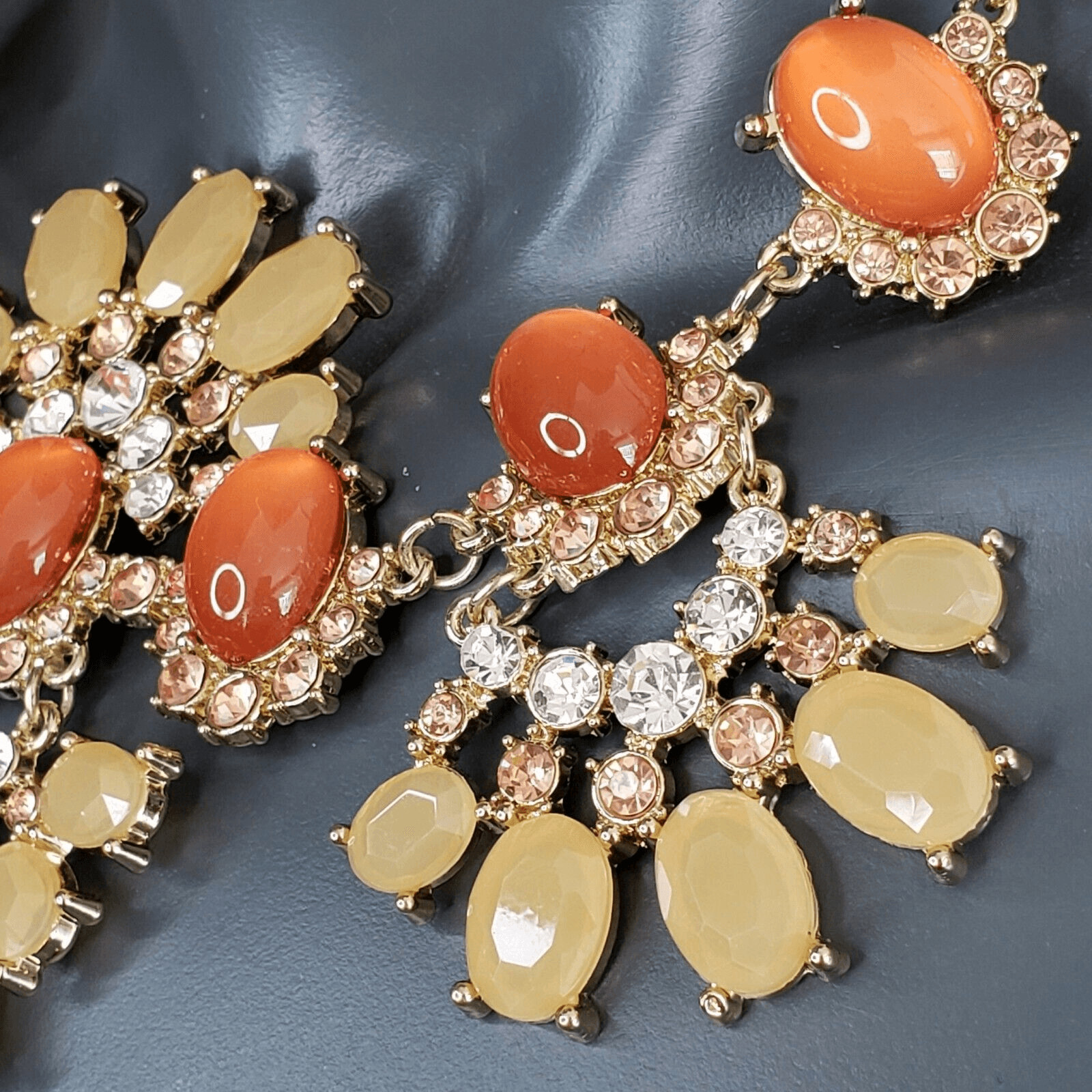 Talbots Moonstone Cabochon Necklace Lemon Orange Rhinestone Gold Setting Retired
