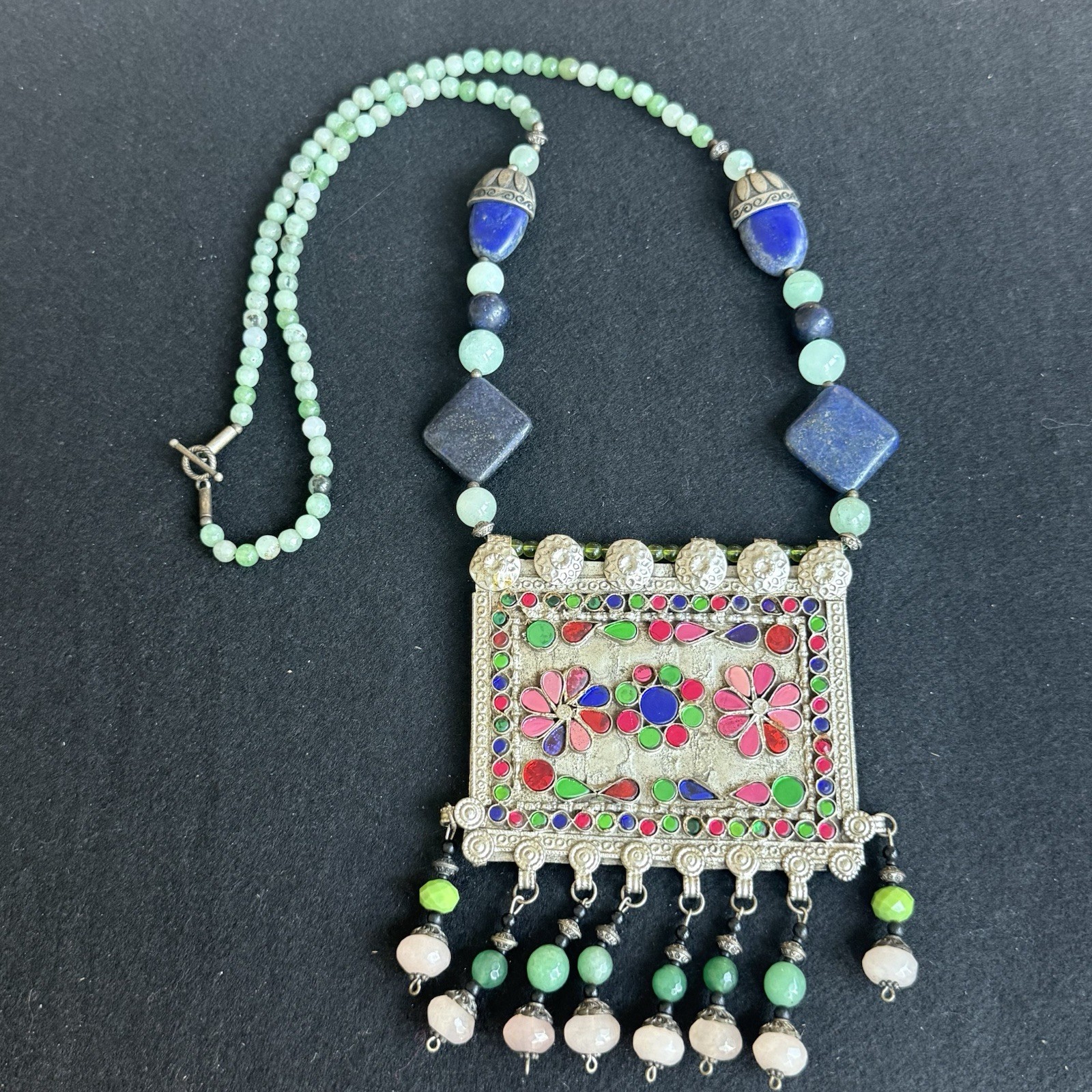 Multicolor Beaded Statement Necklace Silver Rectangle Floral Charm Dangle