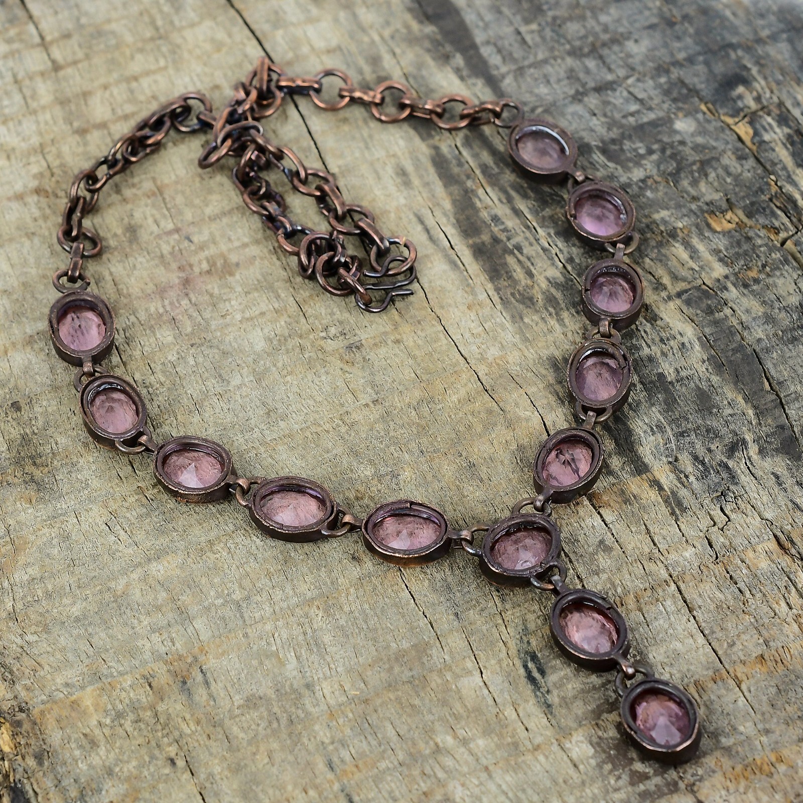 Valentines Deal Pink Kunzite Stone Copper Electroformed Chain Necklace Jewelry
