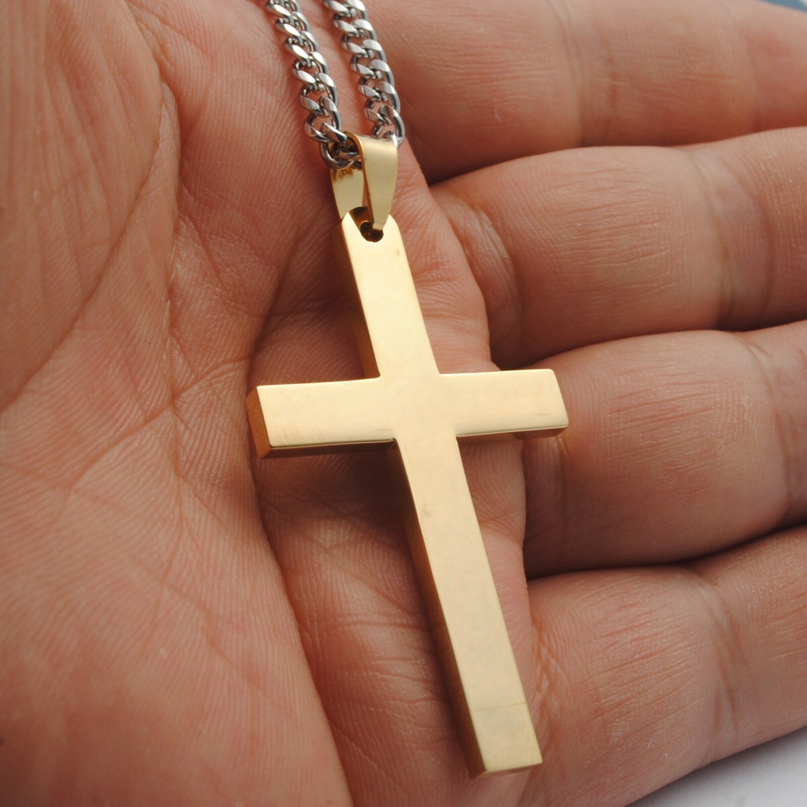 Stainless Steel Plain Silver Jesus Cross Crucifix Pendant Necklace Mens & Womens
