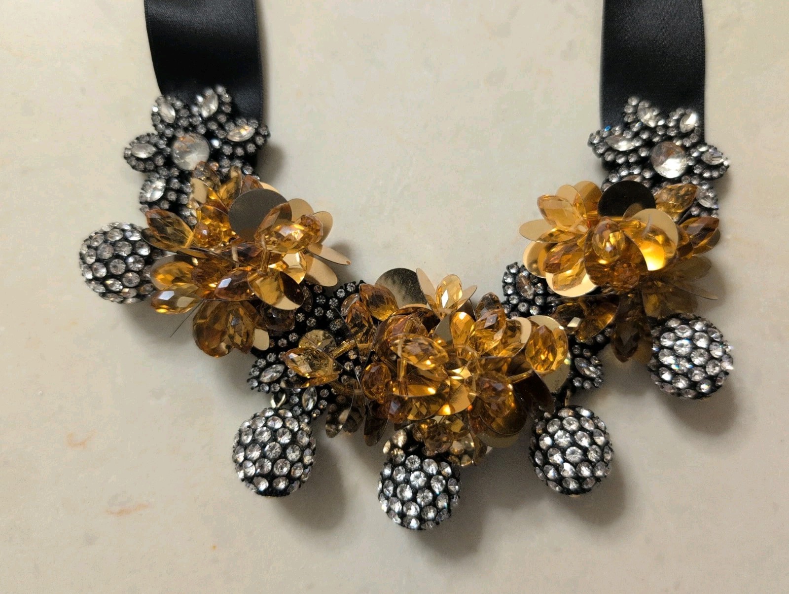 NWOT J CREW WIDE BLACK RIBBON TIE STATEMENT NECKLACE SEQUINS RHINESTONES L@@K