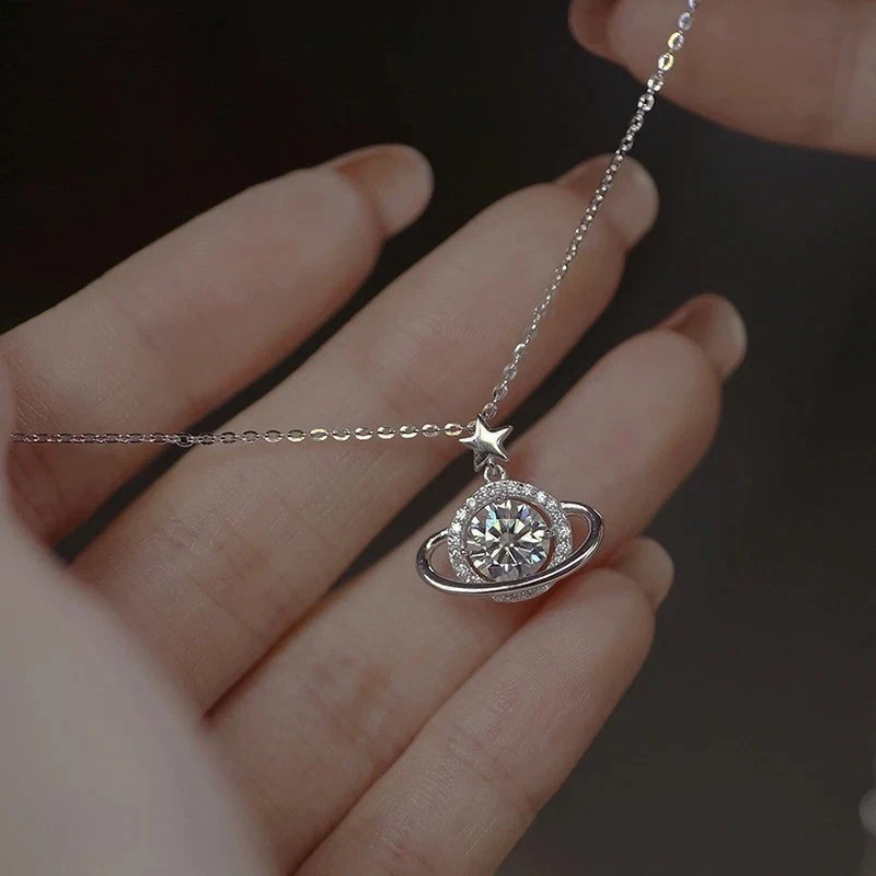 925 Sterling Silver Planet Necklace Women Pendant Choker Fashion Jewelry