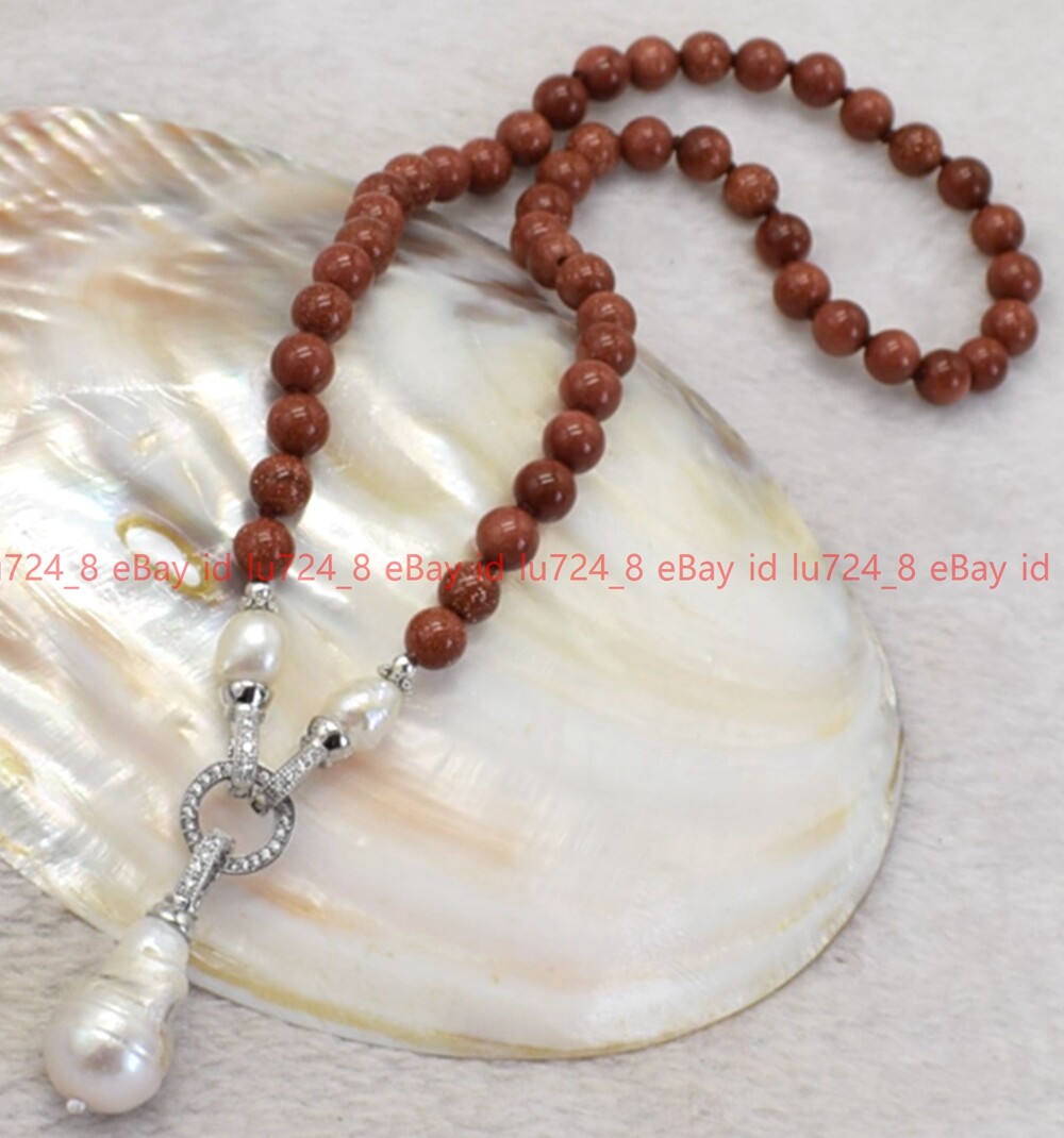 Natural Goldstone Round Gem Beads &White Keshi Baroque Pearl Pendant Necklace